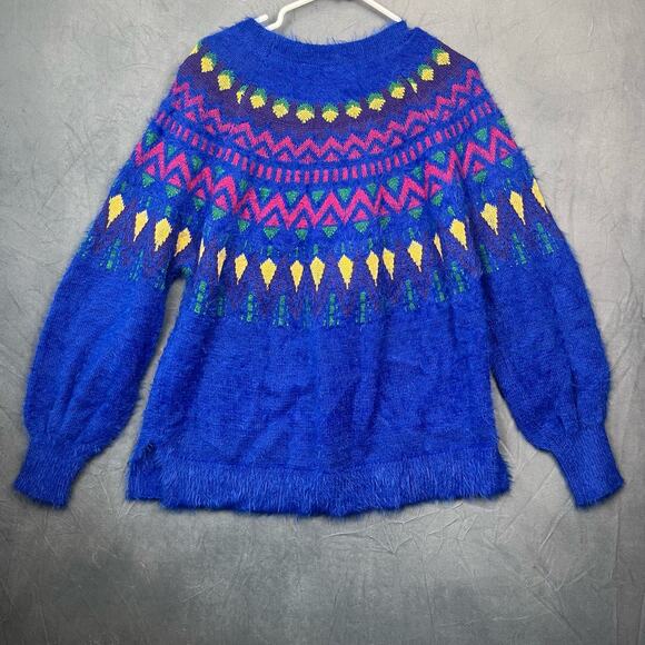 Cultural Fair Isle Print Fluffy Furry Knit Pullover Sweater Soft Shiny T-11 - Picture 9 of 9